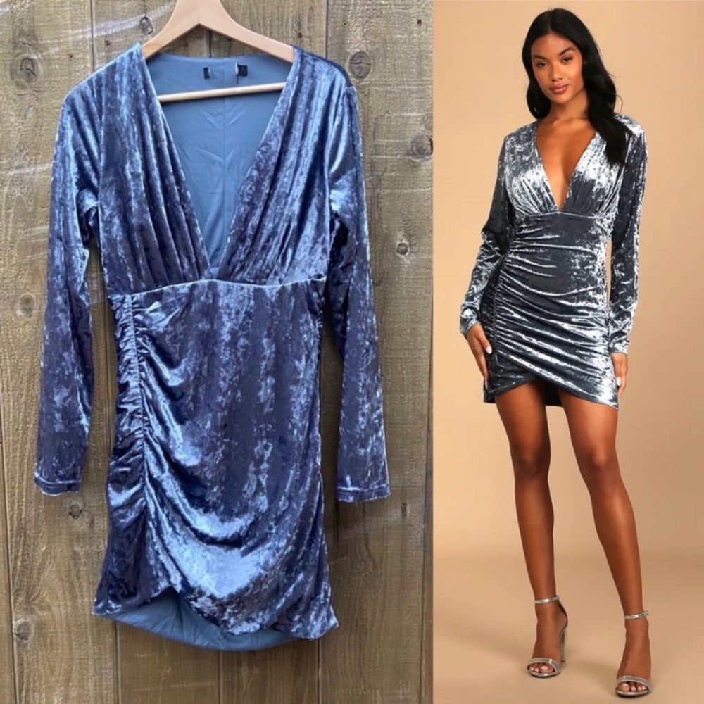 Silver Blue Crushed Velvet Longsleeve Bodycon Dress